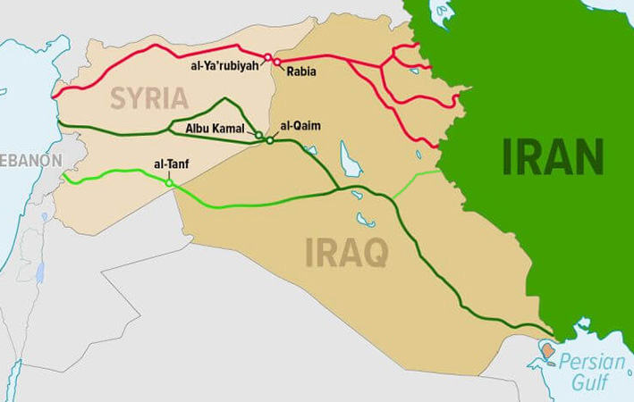 The northern (red) and southern (green) routes of the land bridge. The southern route has upper and lower branches that pass, respectively, through al-Qaim/Albu Kamal and al-Tanf. Source: Adapted from map by Franc Milburn in Strategic Assessment (Israel) and updated by Hussein Askary.